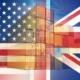 Cargo shipping containers with the American flag in the background
