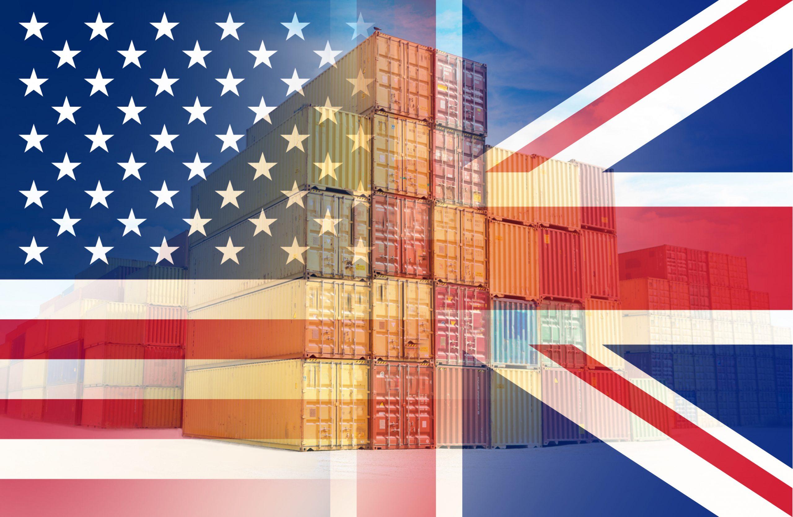 Cargo shipping containers with the American flag in the background