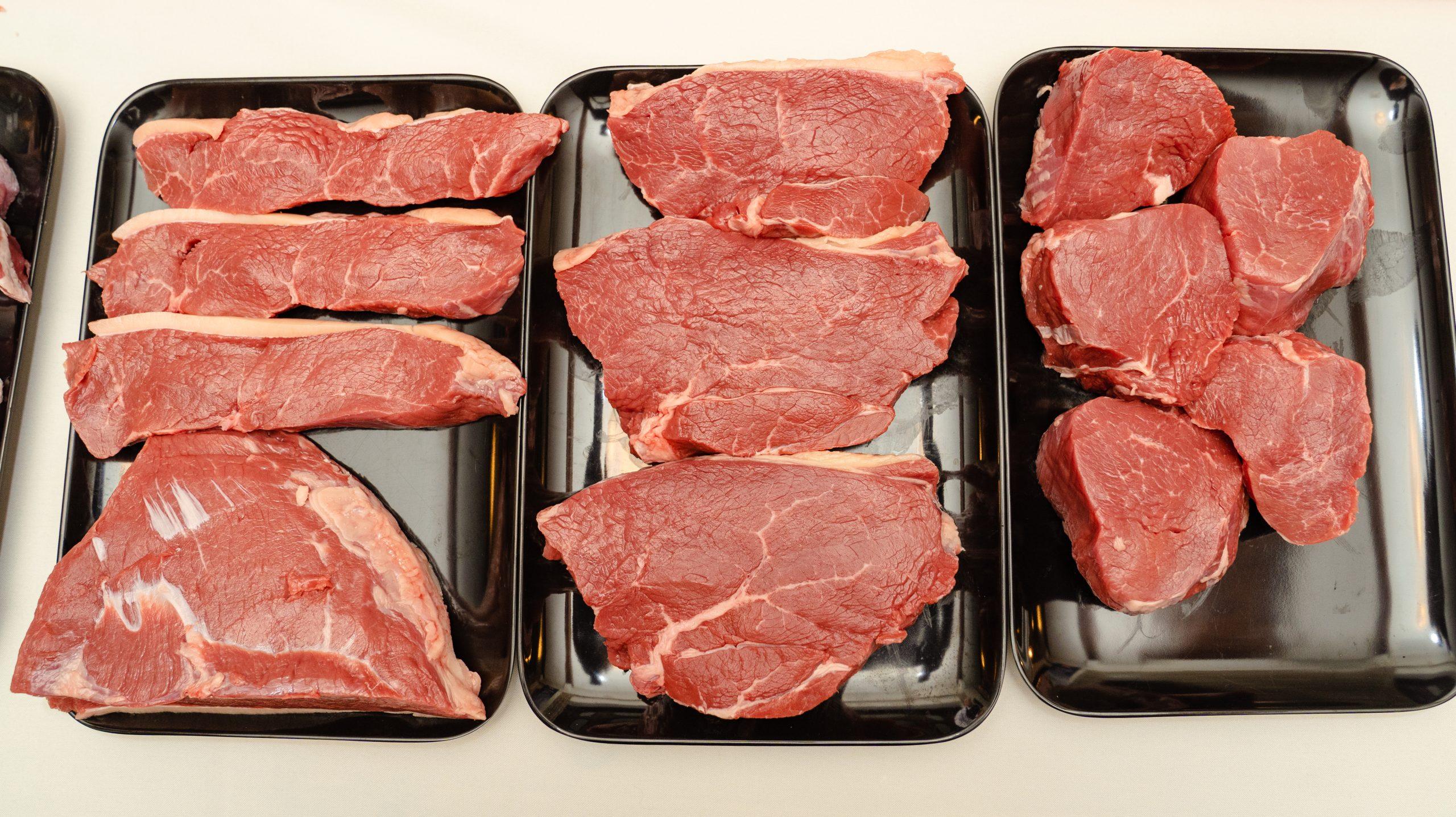 trays of grain-fed raw beef