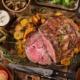 Thanksgiving roast beef and trimmings on a table
